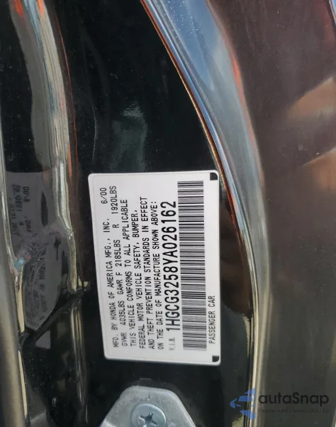 2000 Honda Accord Ex z USA, uszkodzony, nr VIN 1HGCG3258YA026162